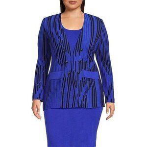 Ming Wang $360 Blue Black Two-Tone Jacquard Knit Fitted Blazer Suit Jacket SZ L